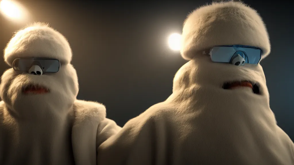 Image similar to a scientist who wears a scientist coat and has a yeti head for a head, 4 k, photorealistic, dramatic lighting