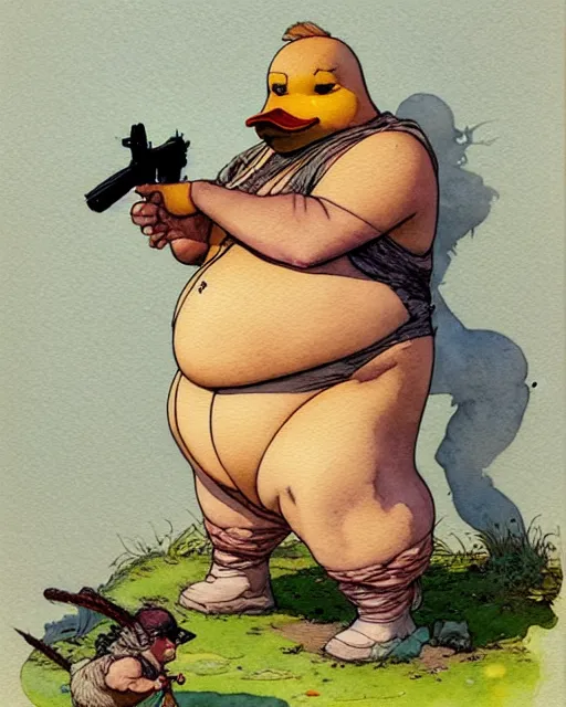 Image similar to a realistic and atmospheric watercolour fantasy character concept art portrait of a fat adorable dirty chibi duck wearing a wife beater and firing a handgun, by rebecca guay, michael kaluta, charles vess and jean moebius giraud