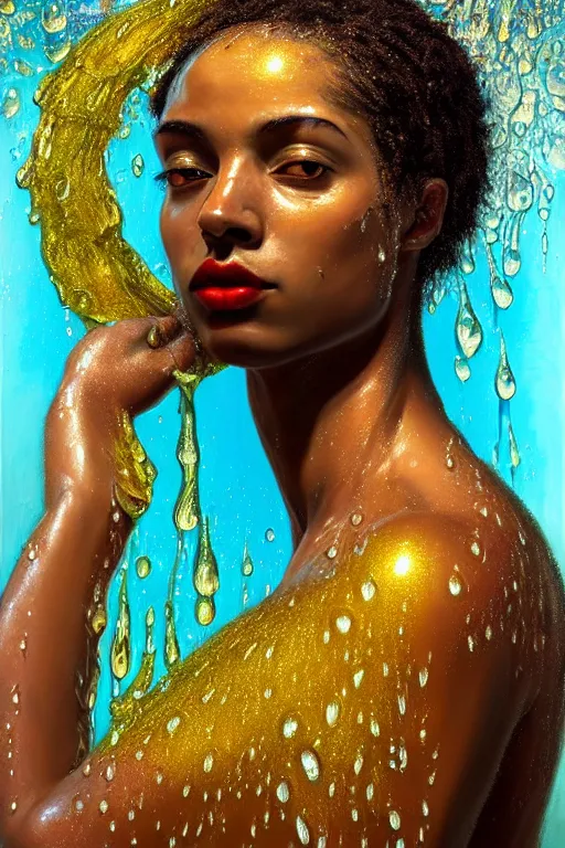 Image similar to hyperrealistic precisionist cinematic profile very expressive! oshun goddess, in water! john everett millais, mirror dripping droplet!, gold flowers, highly detailed face, digital art masterpiece, smooth eric zener cam de leon, dramatic pearlescent turquoise light on one side, low angle uhd 8 k, shallow depth of field