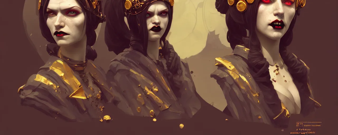 Image similar to duotone marble noir illustration 3 / 4 portrait of orianna bruxa vampire from witcher 3 darker ginger hair and headband in and brown clothes with golden ornaments. by sachin teng and sergey kolesov and ruan jia and heng z. graffiti art, scifi, fantasy, hyper detailed. octane render. concept art. trending on artstation