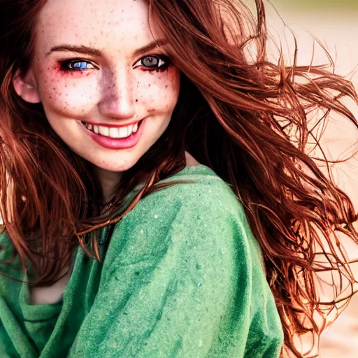 Prompt: portrait of a cute thin young woman, bronze brown hair, eye color is emerald green, red blush, cute freckles, smug smile, modern clothes, relaxing on the beach, golden hour, close up shot, 8 k, art by irakli nadar, hyperrealism, hyperdetailed, ultra realistic