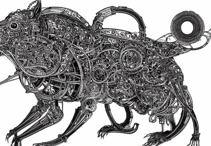 Prompt: spacious schematic blueprint of highly detailed ornate filigreed convoluted ornamented elaborate cybernetic rat standing in a white void, full body, character design, inside frame, art by da vinci