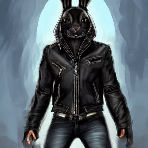 Prompt: A bunny with a small head wearing a leather jacket and leather jeans, trending on FurAffinity, energetic, dynamic, digital art, highly detailed, FurAffinity, high quality, digital fantasy art, FurAffinity, favorite, character art