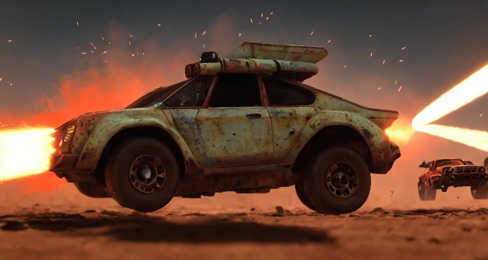 Prompt: macro closeup photo of combat teslatruck being chased in a post apocalyptic fallout 4 desert, 3 pm, smoke, dust, embers, mad max, action, speed, rocket league, volumetric lighting, hdr, need for speed, gta 5, ridley scott, syd mead, craig mullins, cinematic, fast and furious, blade runner, octane, 8 k