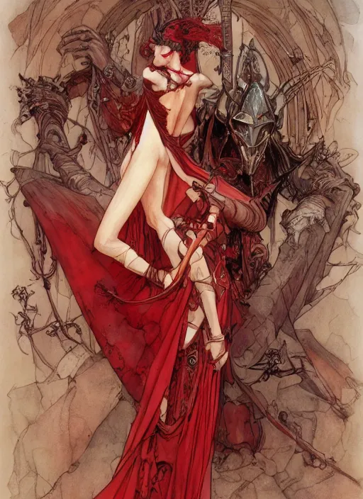 Image similar to drawing of a beautiful vampire woman, armor plates, full armor, red dress, by marc simonetti and brian froud and mike mignola and alfons maria mucha and peter mohrbacher, hyperdetailed