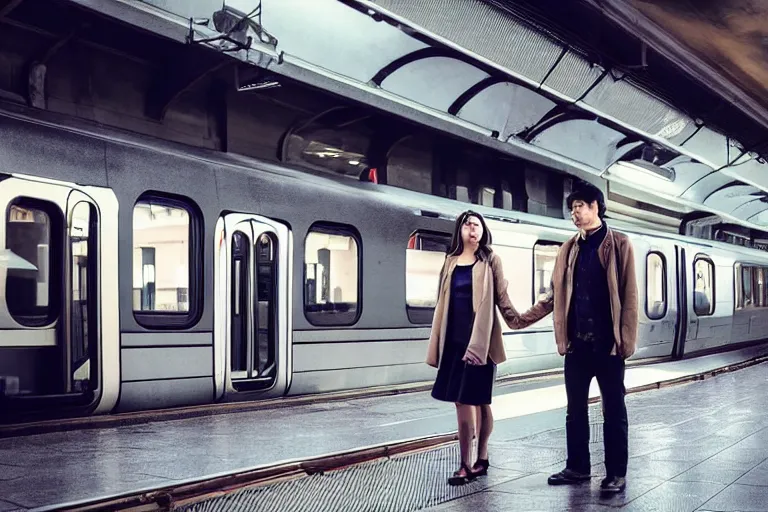 Image similar to vfx movie couple in a train station flat color profile low - key lighting cinematography atmospheric cool color - grade