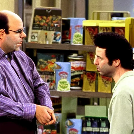 Prompt: George Costanza on Seinfeld selling a big bag of weed