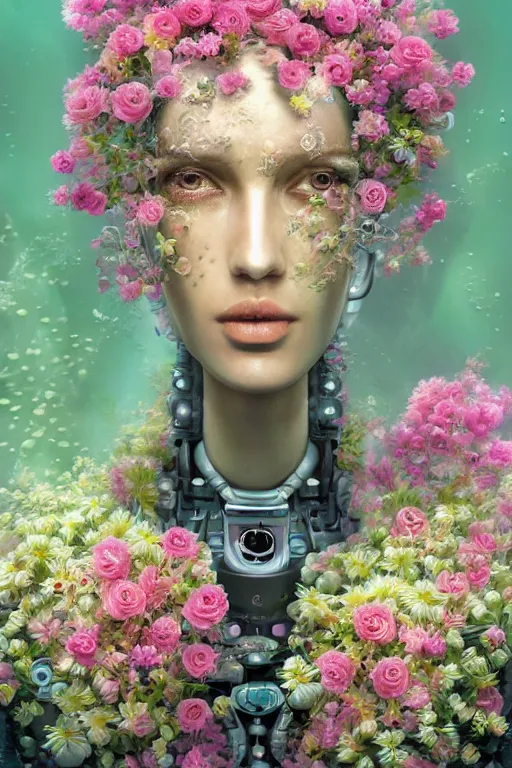 Prompt: an underwater close up of a robot made of flowers, a character portrait by vladimir tretchikoff, cgsociety, digital art, made of flowers, digital painting