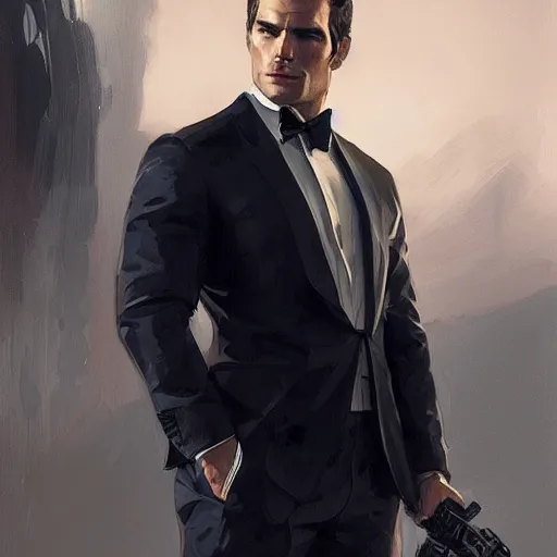 Image similar to henry cavill as james bond, portrait, highly detailed, digital painting, artstation, concept art, sharp focus, illustration, art by artgerm and greg rutkowski and alphonse mucha