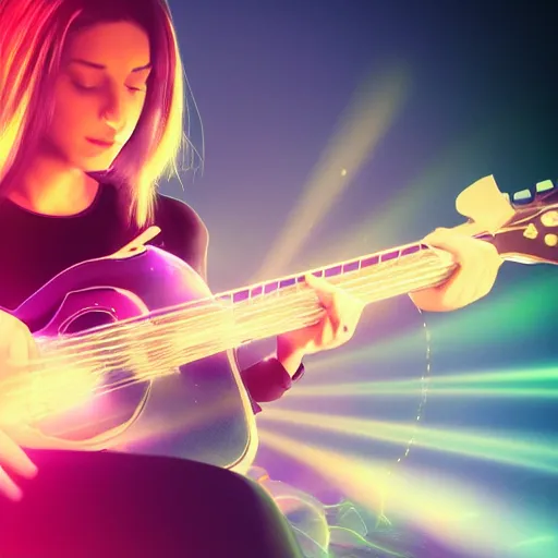 Image similar to women playing guitar, televisions, artstation, details, volumetric light, futuristic, pastel