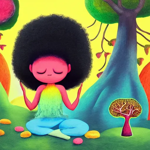 Image similar to a black girl with a colorful afro and big beautiful eyes meditating in an african zen garden with a waterfall!! and a baobab tree, bokeh!, bright colors, synthwave, watercolor, volumetric wool felting, felt, macro photography, children illustration, by goro fujita