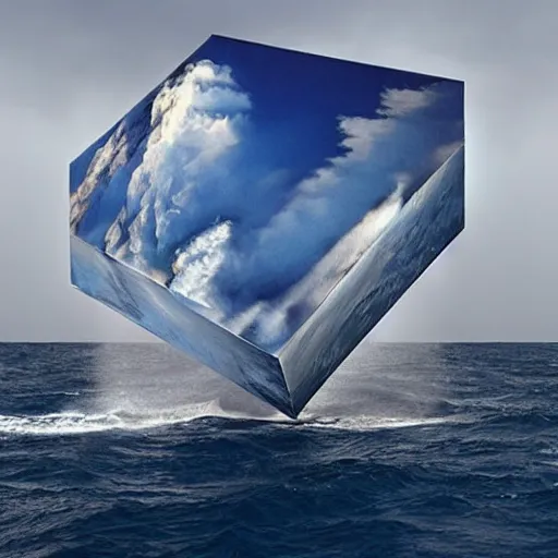 Prompt: a cube in the middle of the sea with images of a tumultuous storm at sea on its sides. in the style of Richard Serra