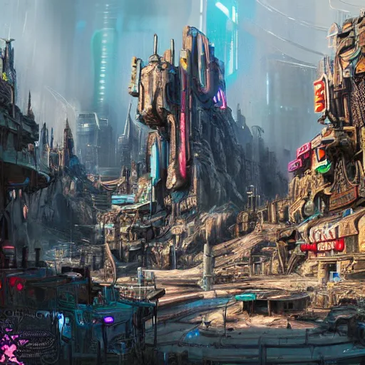 Prompt: post apocalyptic disneyland, cyberpunk, highly detailed, artstation, unreal engine, fantasy art