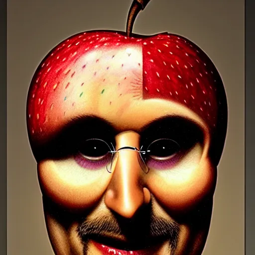 Image similar to apples arranged in the shape of a face resembling steve jobs, fantasy, intricate, elegant, highly detailed, lifelike, photorealistic, digital painting, artstation, illustration, smooth, sharp focus, art by giuseppe arcimboldo