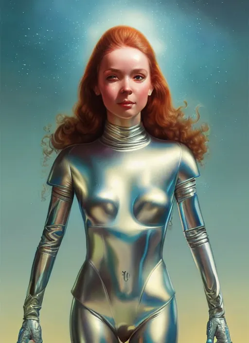 Image similar to face of a cute alien girl wearing shiny plastic armor in the style of roger dean and alberto vargas and stefan kostic, realistic, sharp focus, 8 k high definition, insanely detailed, intricate, elegant, art by greg rutkowski and artgerm, extreme blur coral reef background