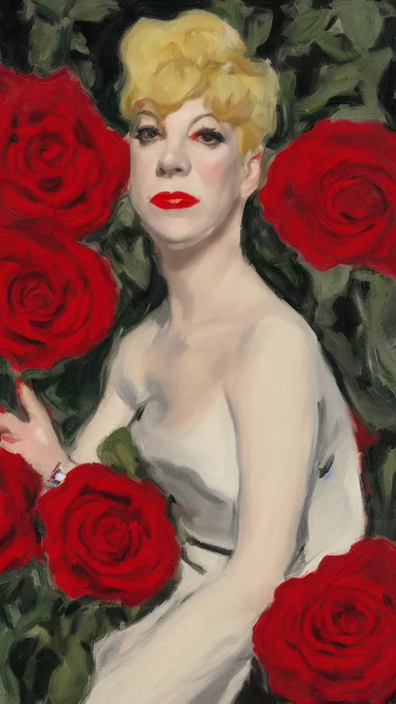 Image similar to portrait of julee cruise in lynch pattern, red roses, painted by john singer sargent