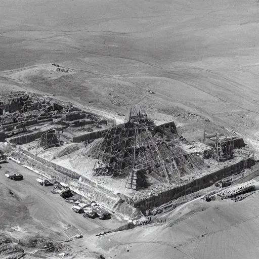 Image similar to an aerial photograph of future prospective site for a pyramid at giza with the early stages of construction and heavy scaffolding clearly visible, dslr