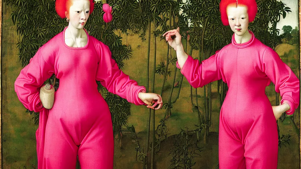 Image similar to full length portrait of a woman with red hair and big hair curlers, wearing a neon pink baggy pajamas, standing in a botanical garden, intricate details, highly detailed, in the style of rogier van der weyden and jacopo da pontormo, punk, masterpiece, asian art