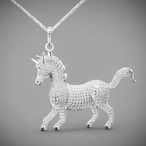 Image similar to a lovely silver unicorn necklace pendant, 3 d rendering, in the style of pandora, tiffany, swarovski, van cleef & arpels, cartier, boucheron, bulgari, chaumet, elegant, noble, stylish