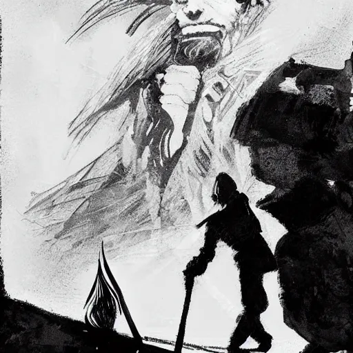 Prompt: norwegian troll blacksmith with sledgehammer and fire profile portrait half body monochrome portrait hammer dramatic kvlt by peder balke by guido crepax by norman bluhm mystic high contrast monochromatic noir brush