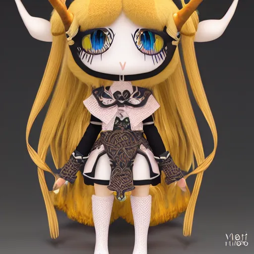 Image similar to cute fumo plush of a goat girl with horns, anime girl, tribal outfit with intricate celtic knot patterns, golden pauldrons, gothic maiden princess, artstation, vray