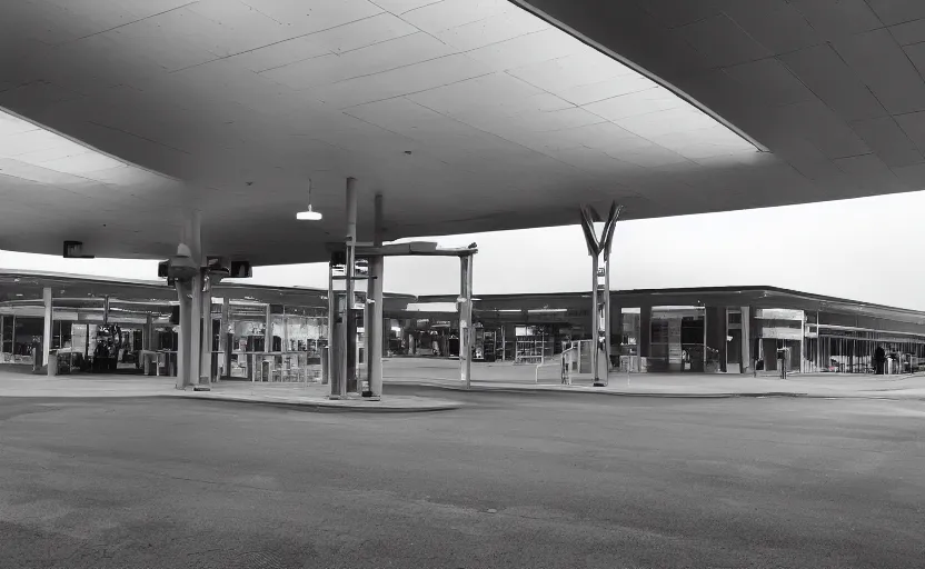 Image similar to wide exterior of the port byron travel plaza bus station in upstate buffalo new york, moody scene directed by charlie kaufman ( 2 0 0 1 ), anamorphic lenses, kodak color film stock, foggy volumetric light morning, cinematic trending on artstation