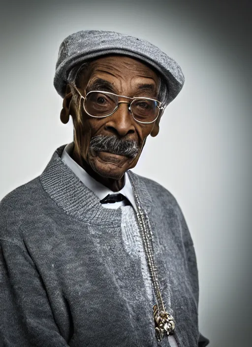 Image similar to DSLR photo portrait still of 85 year old age 85 Snoop Dogg at age 85!!!, 85mm f1.8