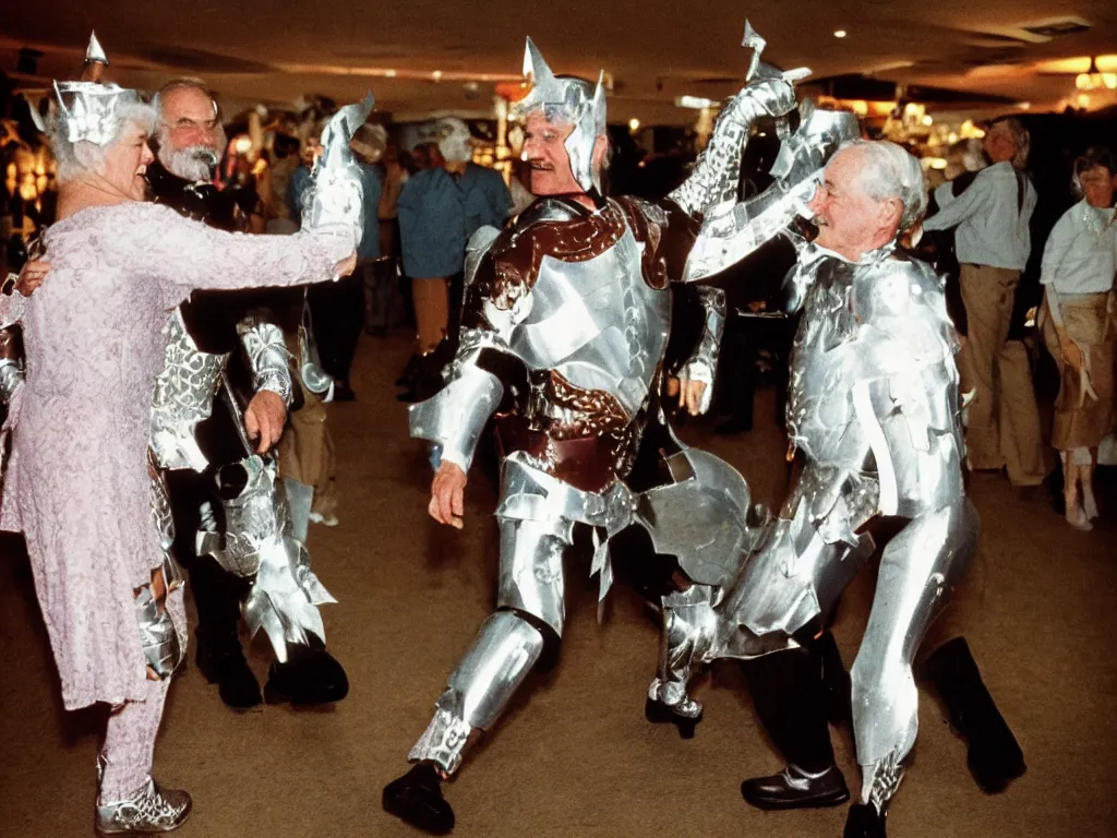 Image similar to a couple of grandparents of 1 0 0 years old wearing knight iron costume and dancing, kodachrome, backlight, add a glow around subj. edge, in twin peaks, 1 9 9 0 s