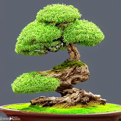 Prompt: digital art of a miniature bonsai,diorama,waterfall,artstation,3D,cartoony,amazing,water falling from platform