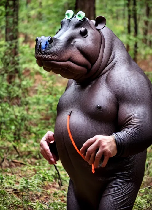 Prompt: an anthropomorphic hippopotamus dressed as a survivalist