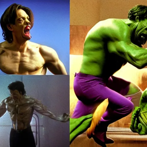 Prompt: steve buscemi as bruce banner turning into the hulk, multiple transformation phases, film still from a movie directed by wachowskis