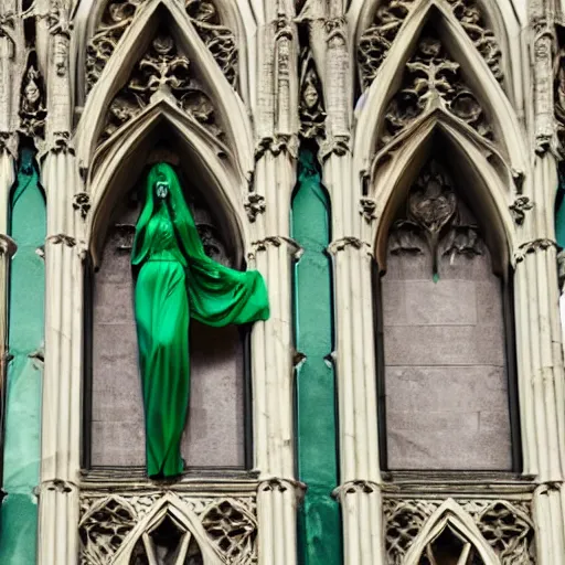 Image similar to architectural shot, no decaying lines, alabaster gothic cathedral, gothic emerald female statue, intricate arabesque detailed silk dressed, macro head face