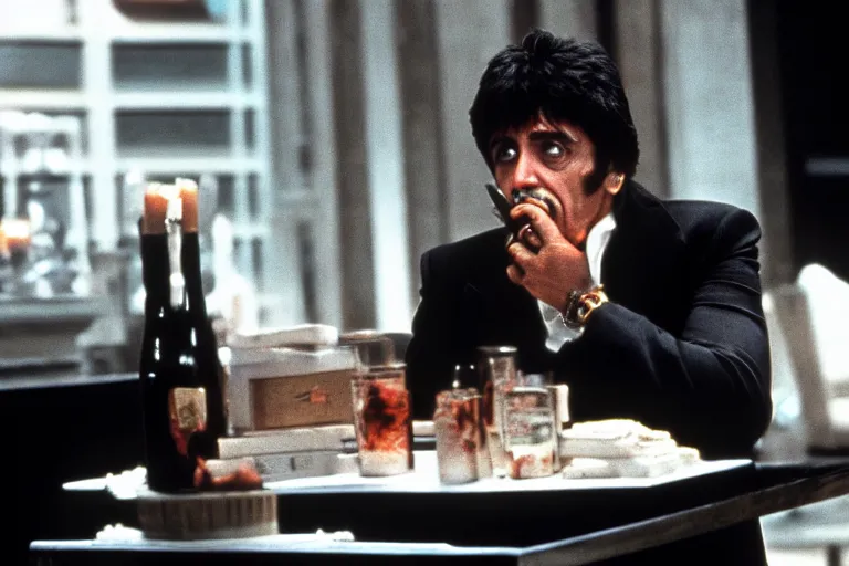 Prompt: tony montana from movie scarface 1 9 8 3 sitting behind a big black oak table with big large packages of flour and money. long shot. al pacino. perfect symmetric face, coherent eyes,, fine details, 4 k, ron cobb, cinestill