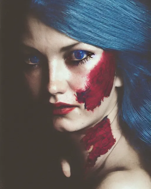 Image similar to an instant photo of a beautiful but sinister woman in layers of fear, with haunted eyes and blue hair, 1 9 7 0 s, seventies, delicate embellishments, a little blood, crimson, painterly, offset printing technique, mary jane ansell