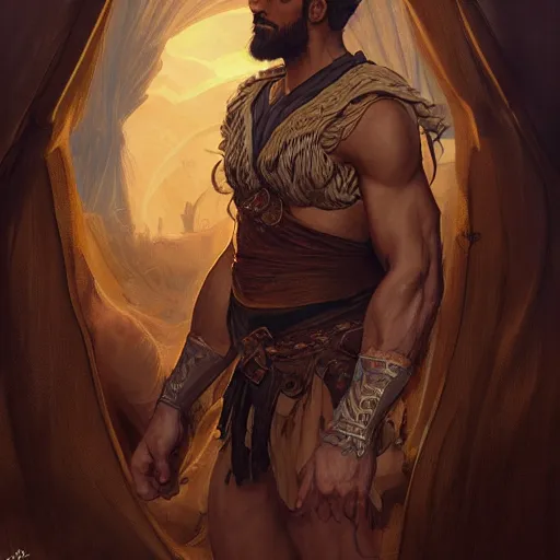 Prompt: Portrait of bedouin D&D, muscular, fantasy, intricate, elegant, thick beard highly detailed, digital painting, artstation, concept art, smooth, sharp focus, illustration, art by artgerm and greg rutkowski and alphonse mucha