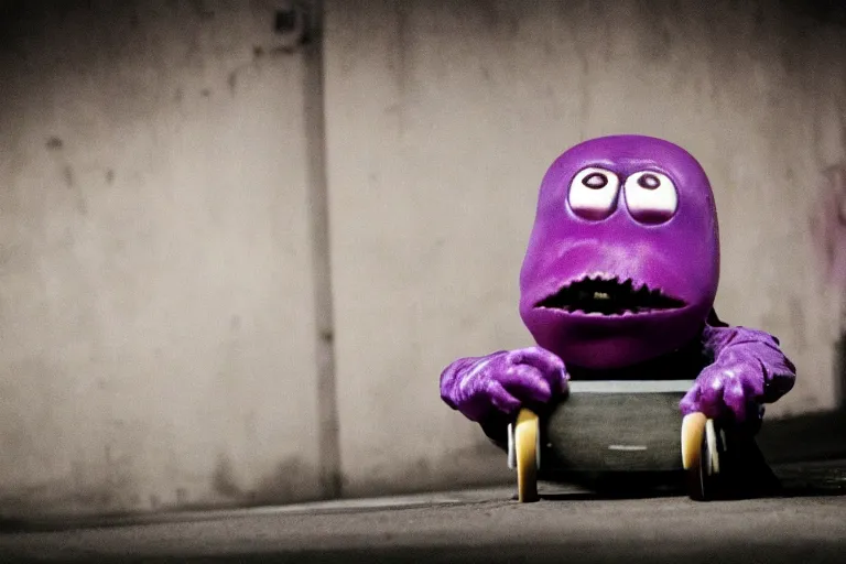 Image similar to grimace on skateboard, horror film still, dark atmosphere, found footage, nightmare, unsettling, cinematic, dim lighting, pain, agony, suffering