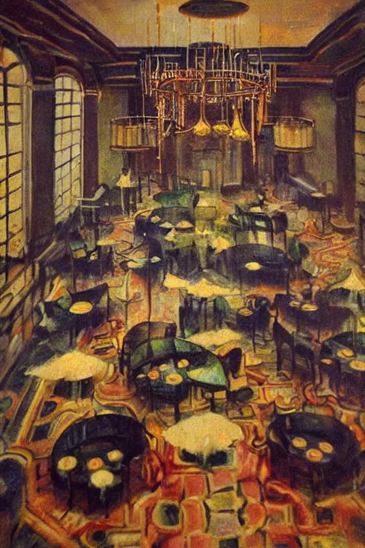 Image similar to 1920s cinematic aerial view of decorated surrealist dining hall, the moon casts long exaggerated shadows, crystalline light rays refract dust, impressionst oil painting on wood, big impressionist oil paint strokes, decadent interior dinning room with centered grand crystal chandelier, symmetric 1930s dimly lit art deco interior concept art by Ivan Aivazovsky, ukiyo-e print, japanese woodblock, aerial view