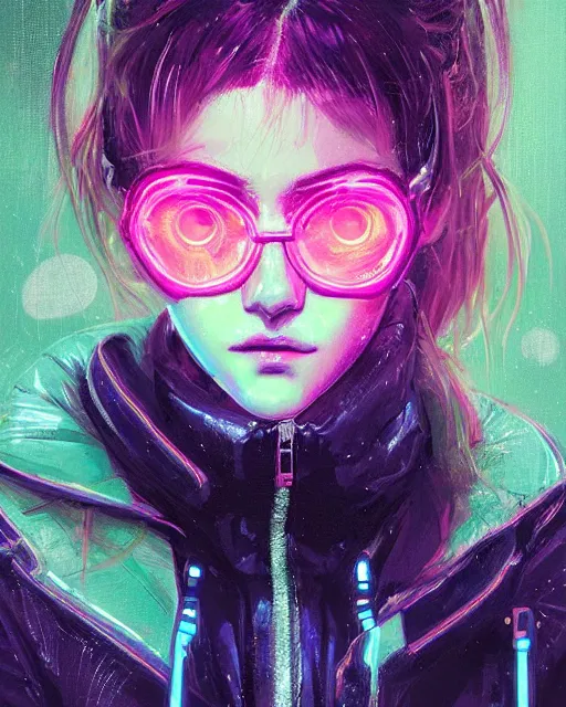 Image similar to detailed portrait katherine mcnamara neon operator girl, cyberpunk futuristic, neon, reflective puffy coat, decorated with traditional japanese by ismail inceoglu dragan bibin hans thoma greg rutkowski alexandros pyromallis nekro rene margitte, illustrated, perfect face, fine details, realistic shaded, fine - face, pretty face