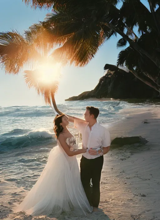 Prompt: A hyper realistic and detailed photography of a couple kissing from movie Here to Eternity on beach. by David Dubnitskiy. Cinematic. Golden Hour. Kodak Portra 400. Lens flare. 35mm lens