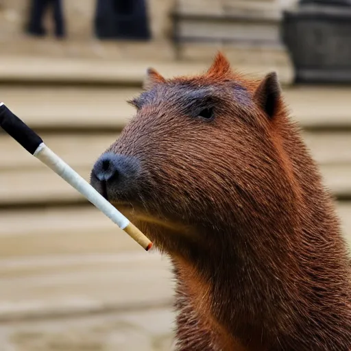 Image similar to a high detail photo of an antropomorphic capybara wearing a suit smoking a cigarrette, subject= duck, subject detail: wearing a suit, subject action: smoking a cigarrette photorealism