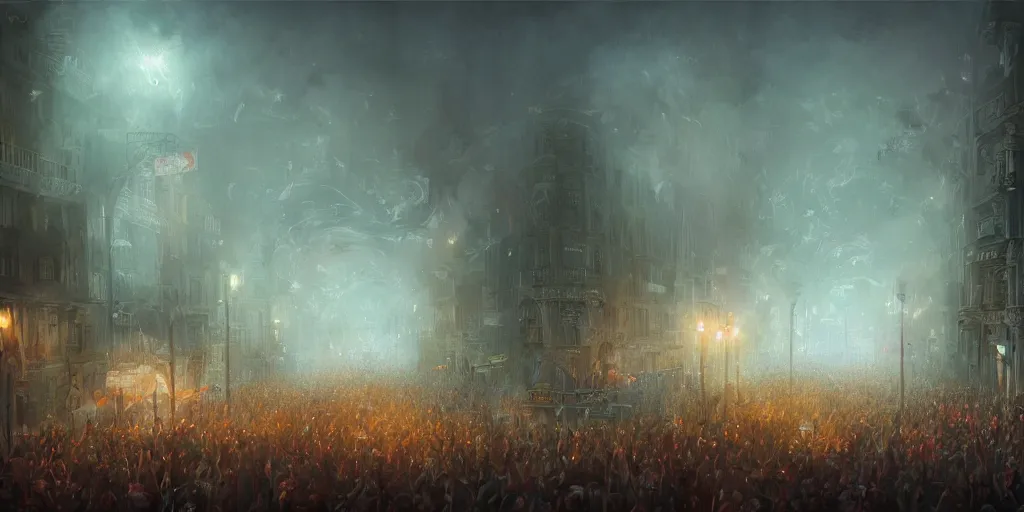 Image similar to a heavy swirling fogduring a parade, soft lighting, night, stephen bliss, misty, unreal engine, digital art, 8 k, oil painting, fantasy art, illustration, detailed and intricate environment