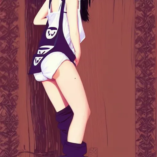 Image similar to a beautiful young japanese natalie portman alluring gravure model, anime art, wearing elegant designer overalls, elegant overalls with mesoamerican patterns, mesoamerican native street fashion, princess mononoke, painted by jamie hewlett and ashley wood, aesthetic, gorgeous, stunning, alluring, attractive, artstation, pinterest, digital art