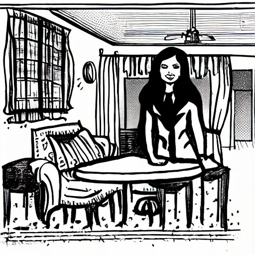 Prompt: Commercial drawing of a woman who thinks she is in an ordinary house, but clues show that she is actually in hell.