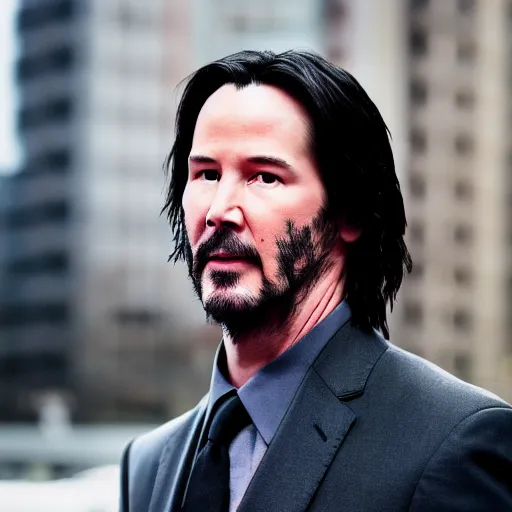 Prompt: a still of Keanu Reeves. Shallow depth of field. City at night in background, lights, colors ,studio lighting, mood, 4K. Profession photography