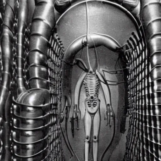 Prompt: old black and white photo, 1 9 1 3, depicting biomechanical aliens inside vats, historical record