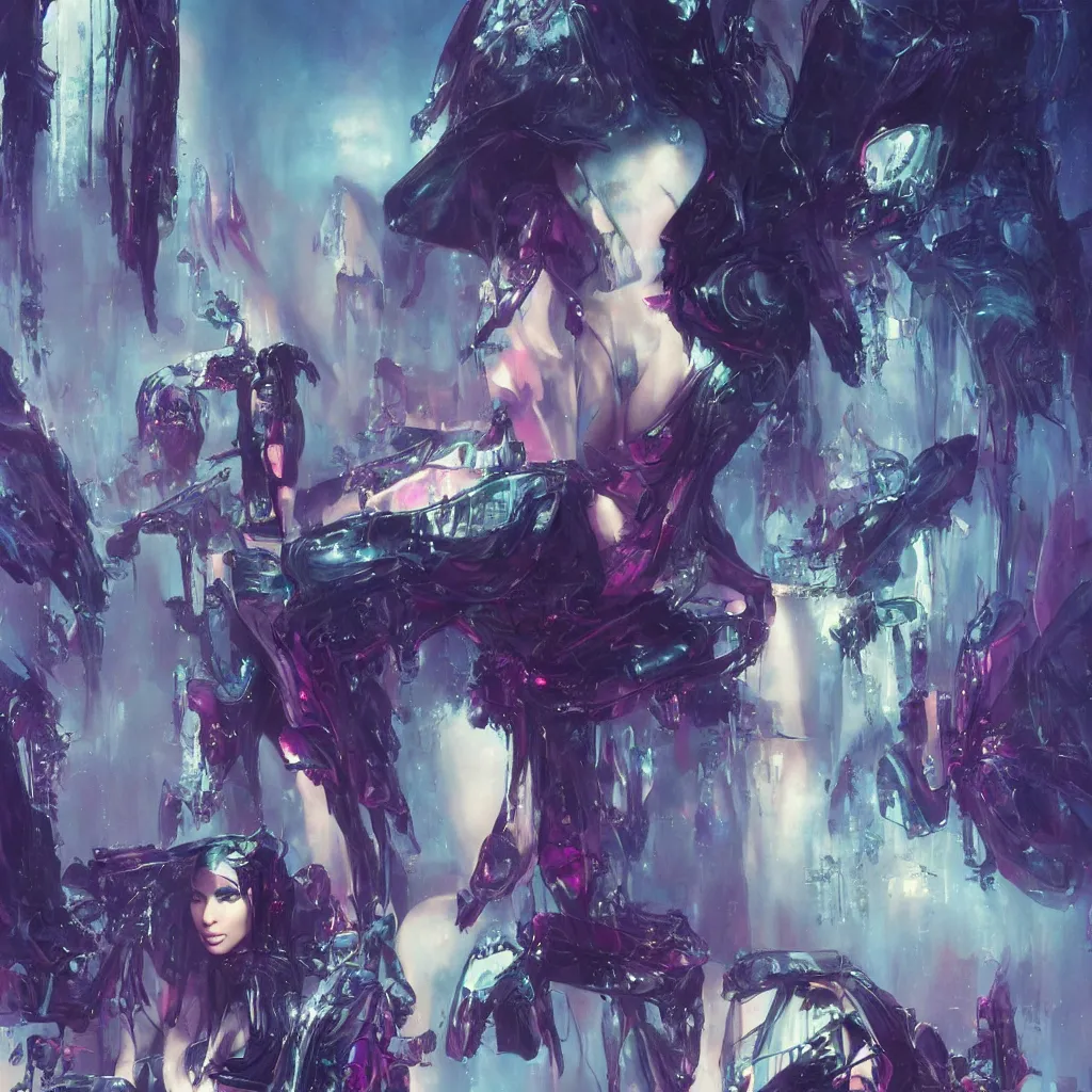 Prompt: fashionable photo of kim kardashian in futuristic goth make - up, cute, cyberpunk, pastel colors, highly detailed, vibrant painting, volumetric light, petite, by bruce pennington, by wayne barlowe, by takashi murakami, by john berkey