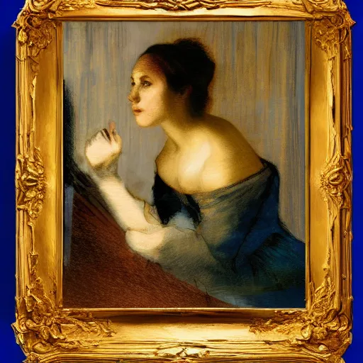 Image similar to an elegant girl in a liminal abandoned room, blue and gold, old polaroid by goya, by velazquez, digital painting, jugendstil, art noveau, strong lights, flat colors, pastel colors, highly detailed,