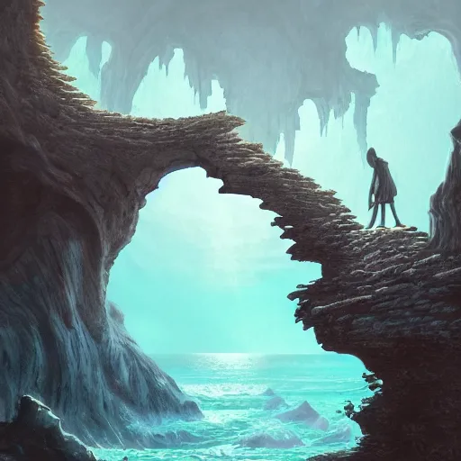 Image similar to a scary portal to another world in darwin's arch, ocean and rock landscape, d & d, fantasy, intricate, elegant, highly detailed, digital painting, artstation, concept art, matte, sharp focus, illustration, art by hayao miyazaki and hideo kojima