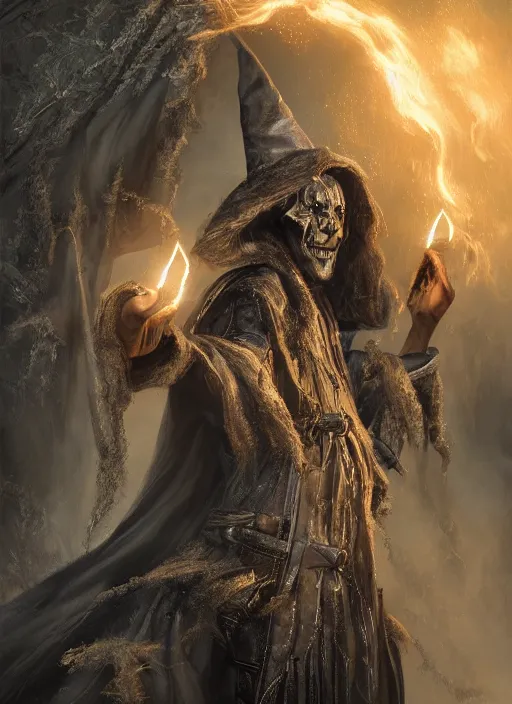 Image similar to black magic sorcerer with a book of spells, dramatic, death, cinematic, ultra realistic, highly detailed, trending on artstation