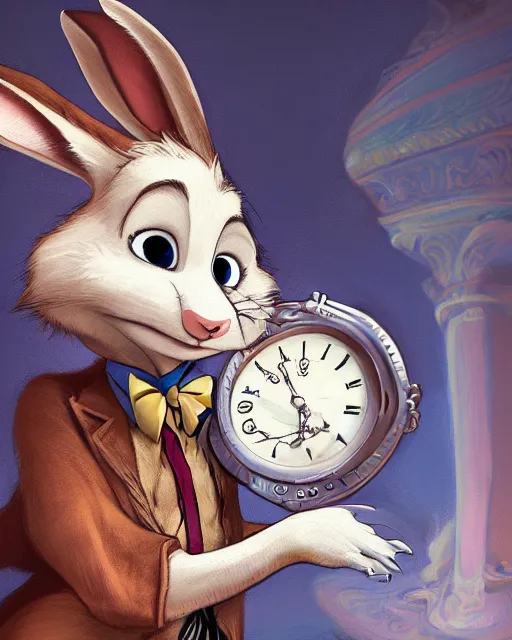 Image similar to portrait of a smiling white rabbit from alice in wonderland, zootopia movie style, looking at his pocket watch, digital art, 4k, award winning